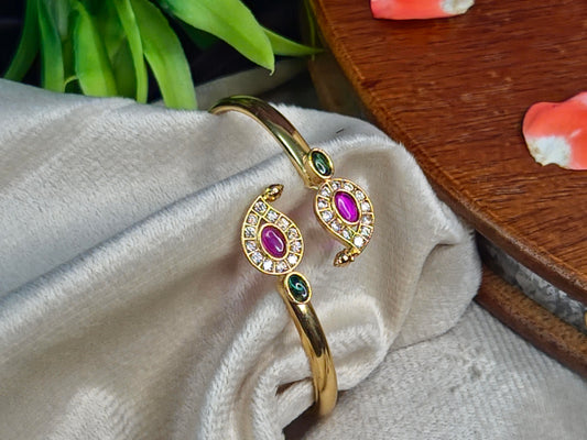 Gold Mango Design Open Kada Bangle with Ruby, Emerald & CZ Stones