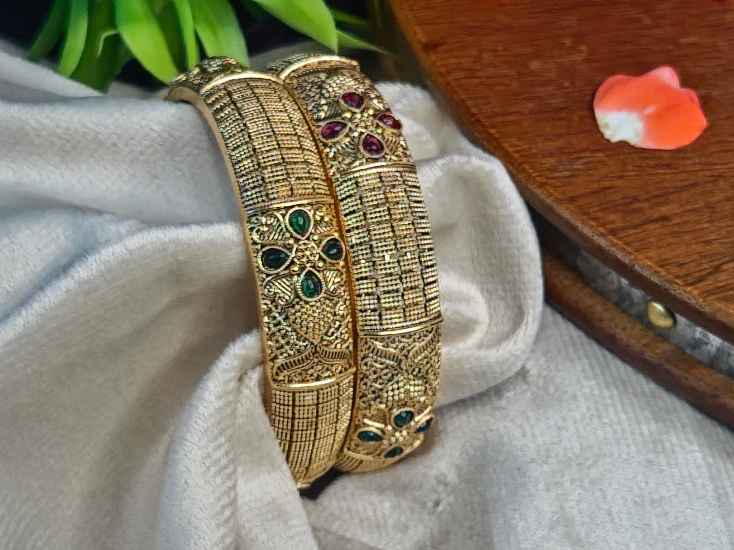 Antique Gold Broad Bangles with Ruby & Emerald Floral Kemp Stones (Set of 2)