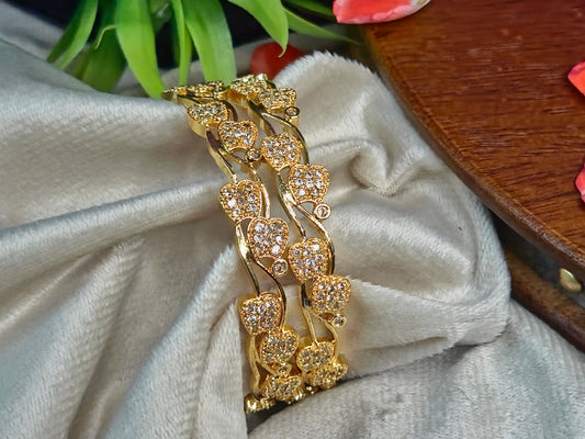 Gold CZ Heart Vine Bangles with Sparkling Diamond-Cut Stones (Set of 2)