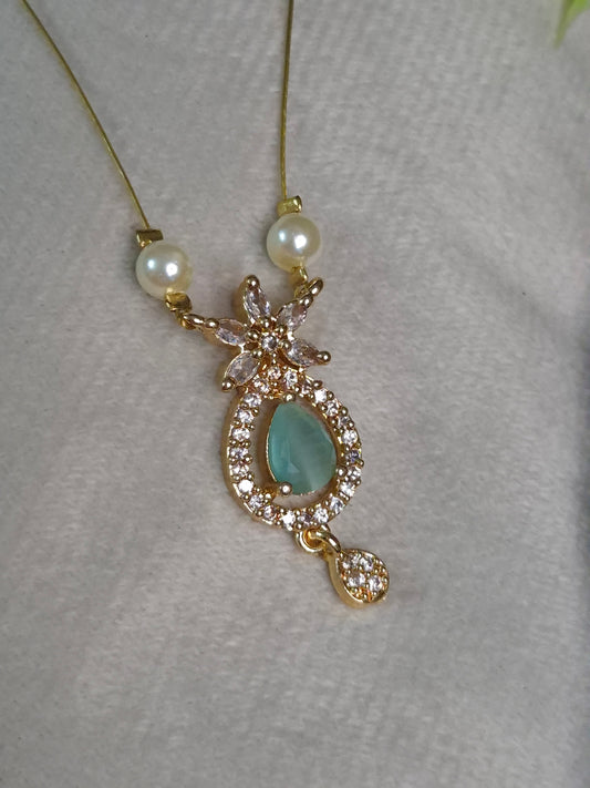 Mint Teardrop CZ Pendant — Pearl & Bead Invisible Chain