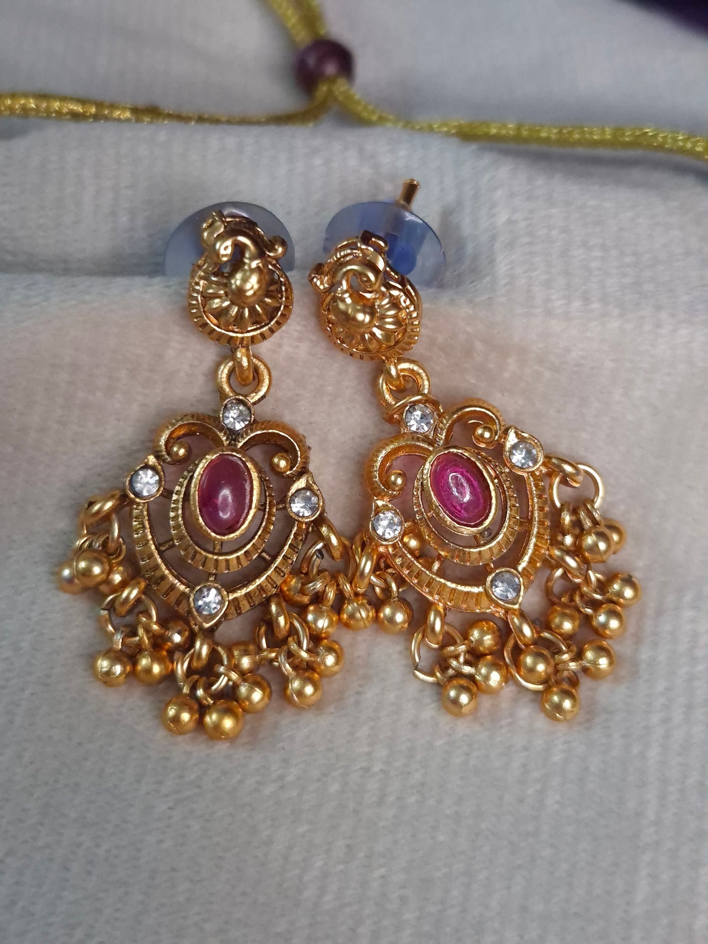 Antique Peacock and Floral Temple Necklace Set — Ruby & Emerald with Earrings