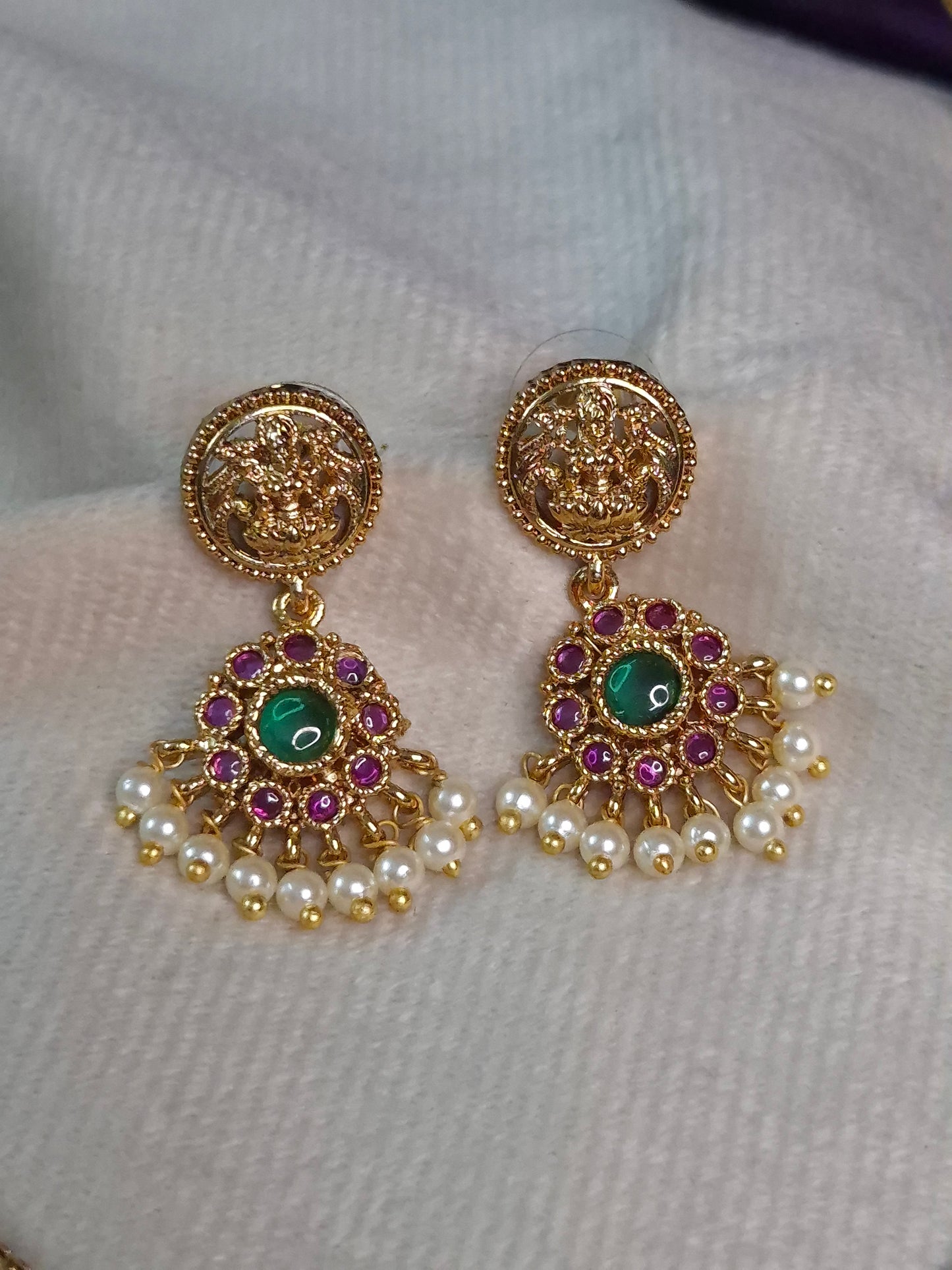 Lakshmi Coin Pearl Drop Attigai — Antique Gold with Earrings