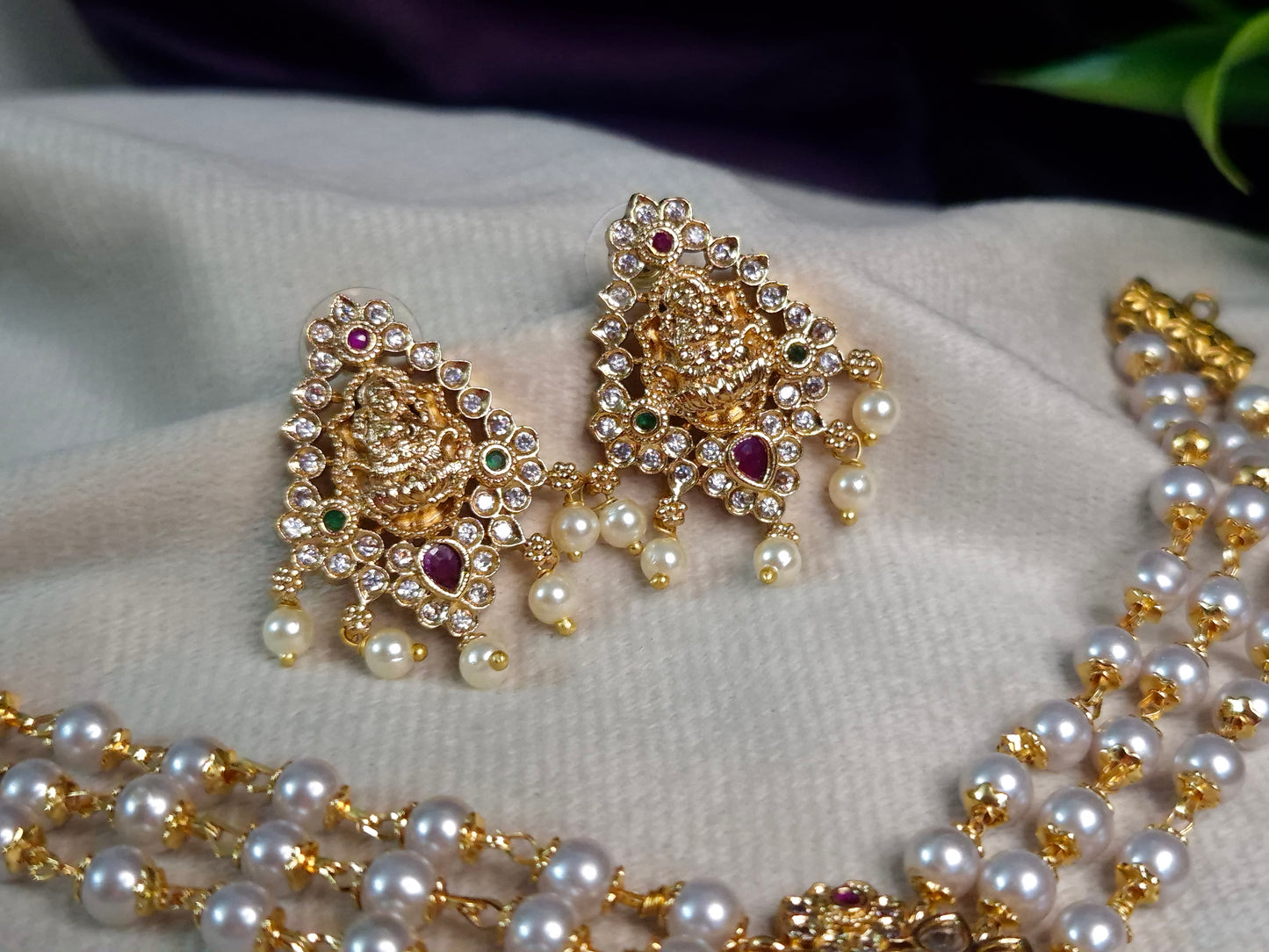 Lakshmi Pearl Choker Necklace Set — Triple Strand with Earrings