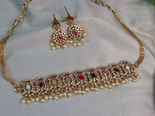 Navratna AD Broad Choker Necklace Set — Gold Chain with Earrings