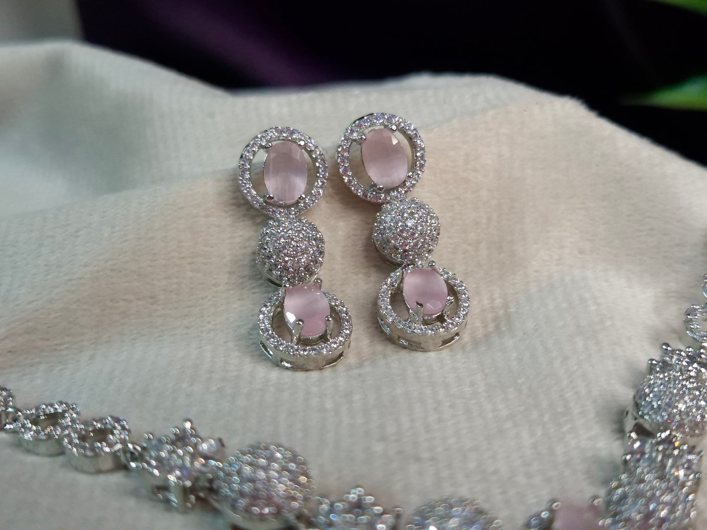 Pink Blush AD Necklace Set — Silver CZ Floral Pendant with Triple-Drop Earrings