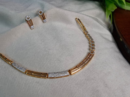 Rose Gold AD Hasli Necklace Set — CZ Bar Link Chain with Circular Stud Earrings