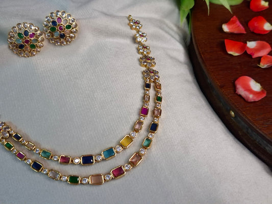 Navratna Double Layer Necklace Set — Gold Tone Rectangle Stone Chain with Kundan Stud Earrings