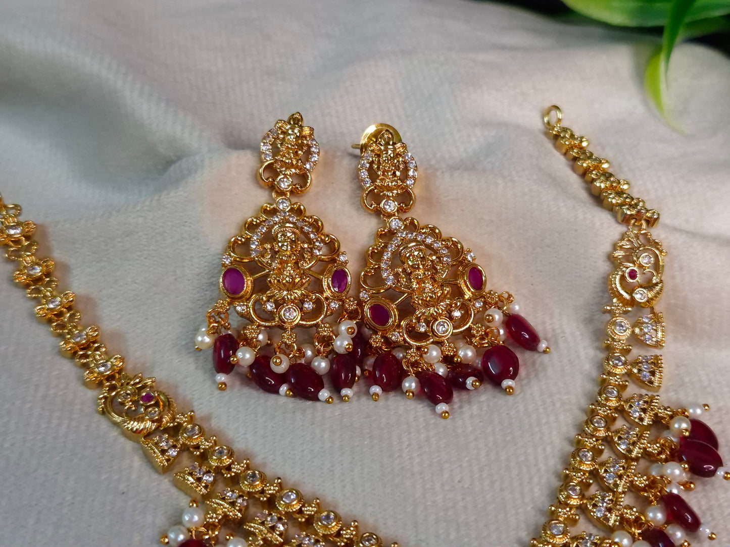 Lakshmi Temple Necklace Set — Antique Gold Ruby & Pearl Drop Chain with Grand Pendant and Chandbali Earrings