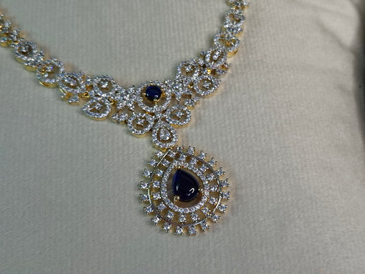 Royal Sapphire AD Necklace Set — Gold Tone CZ Floral Chain with Teardrop Pendant & Chandbali Earrings
