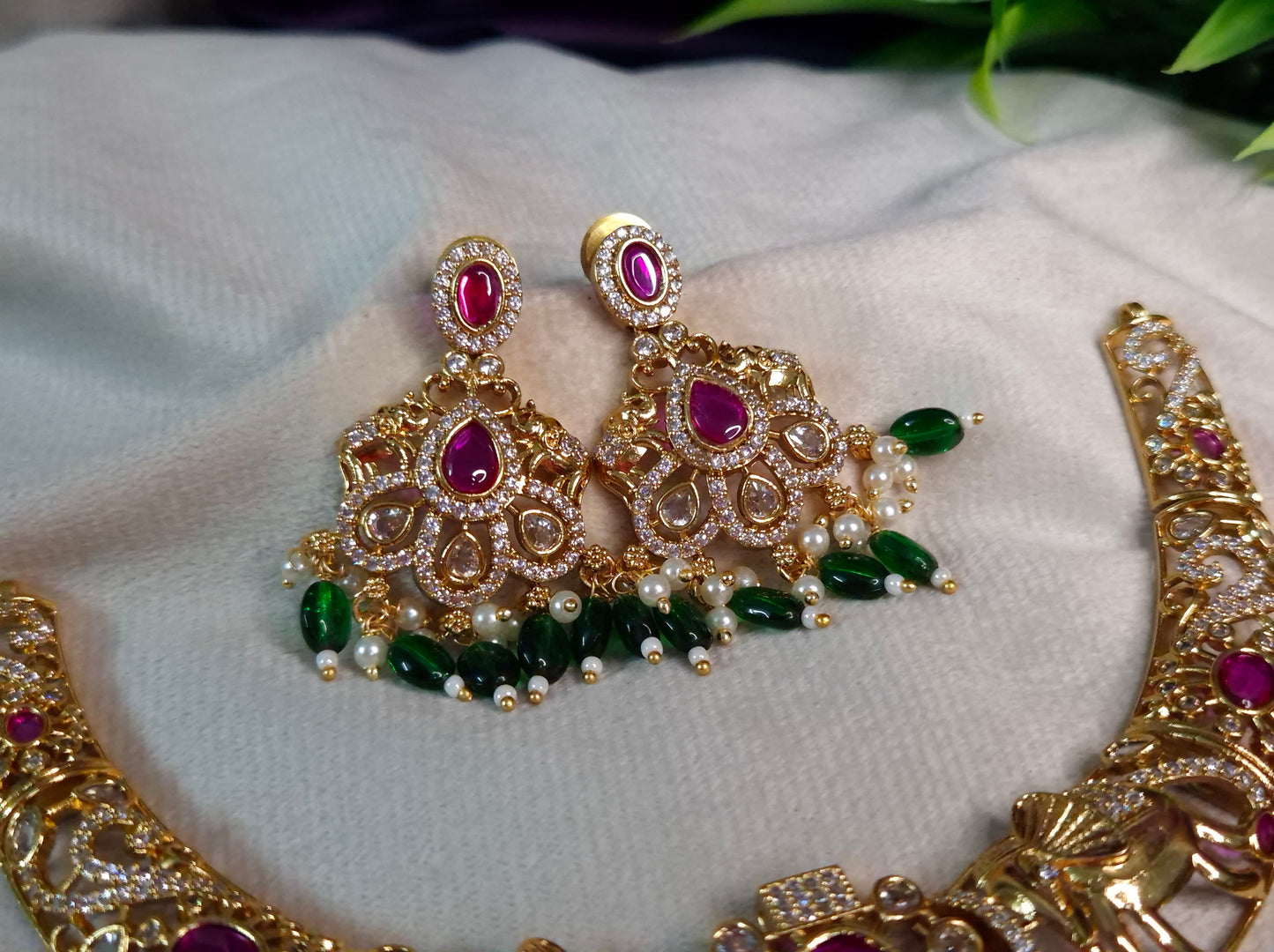 Bridal Elephant Hasli Necklace Set — Antique Gold Filigree hasli with Ruby & Emerald Drop Chandbali Earrings