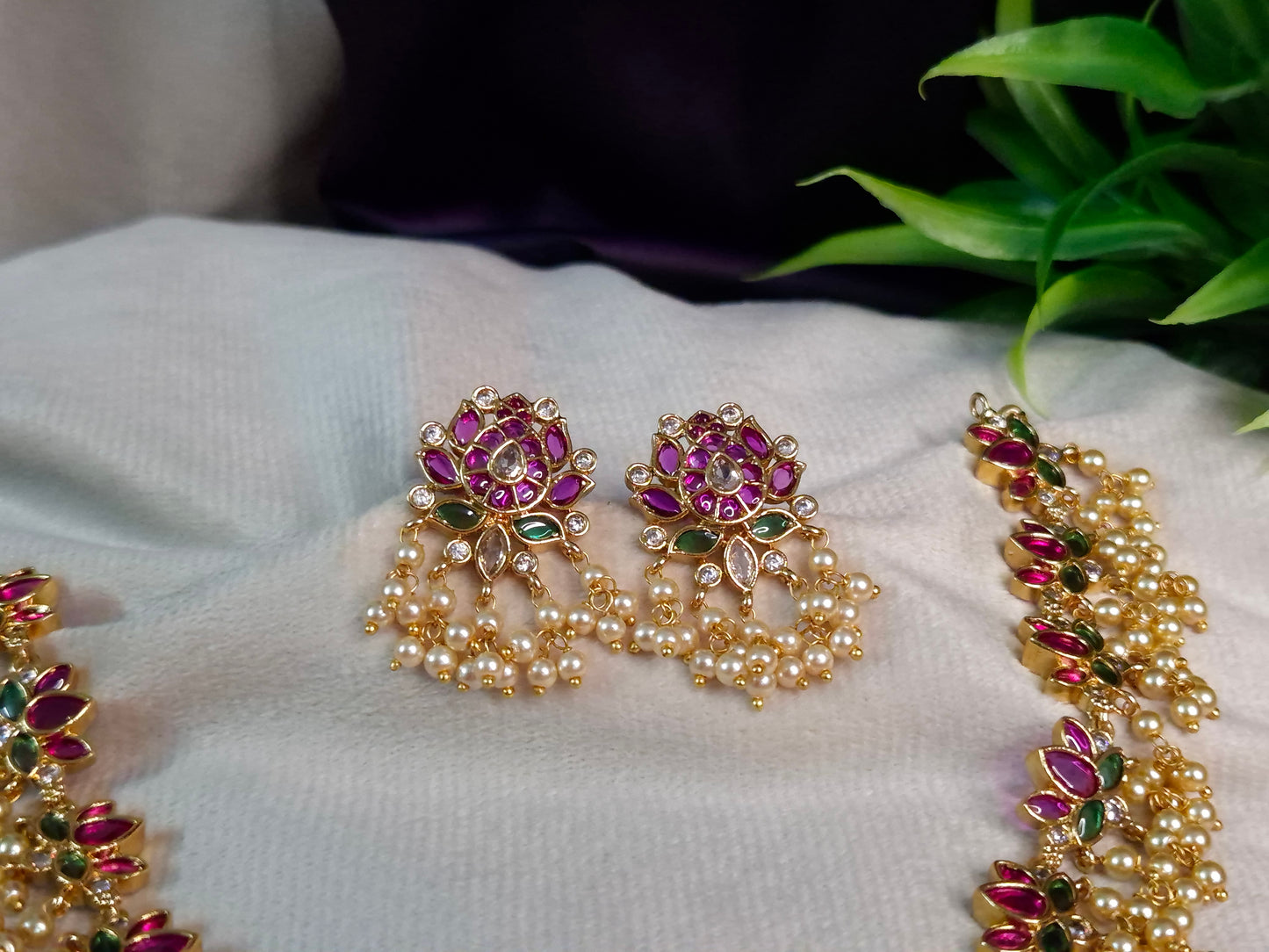 Peacock Guttapusalu Necklace Set — Antique Gold Ruby & Emerald Lotus Chain with Pearl Drops & Stud Earrings
