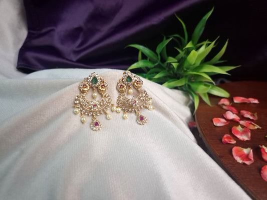 Antique Gold Chandbali Earrings — AD, Ruby & Emerald Floral Chand with Pearl Drops