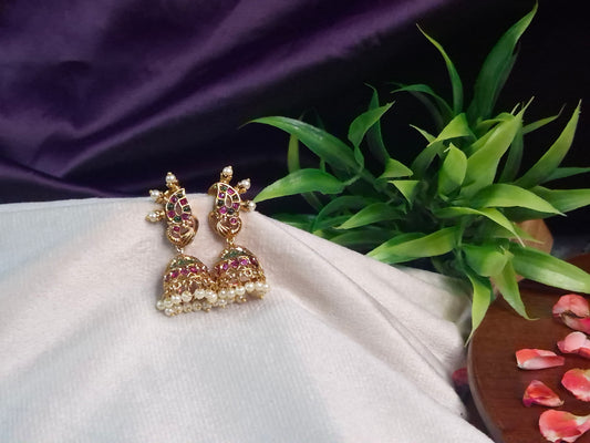 Antique Gold Peacock Jhumka Earrings — Ruby & Emerald Kemp Stone with Pearl Drop Jhumka
