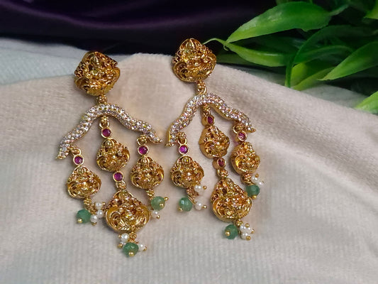 Antique Gold Lakshmi Temple Chandelier Earrings — 3-Tier Nakshi Drop with Ruby, Emerald & Pearl Dangles