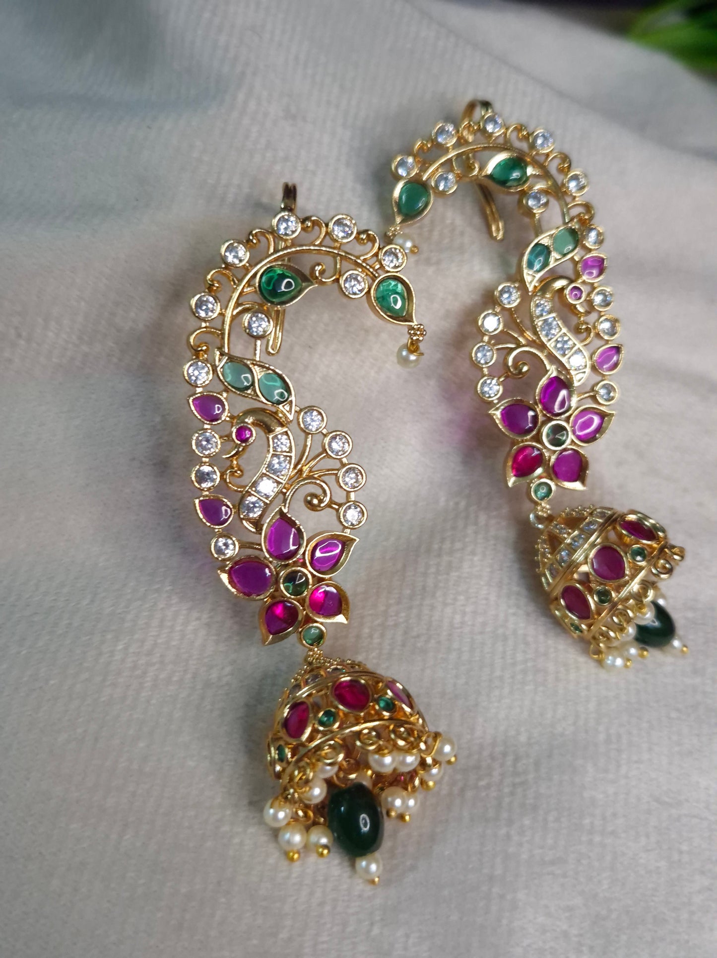 Ear Cuff Jumka FloralAntique Gold Grand Peacock Sweep Jhumka Earrings — Ruby, Emerald & AD Stone Ear Cuff Style with Pearl & Emerald Drop Jhumka