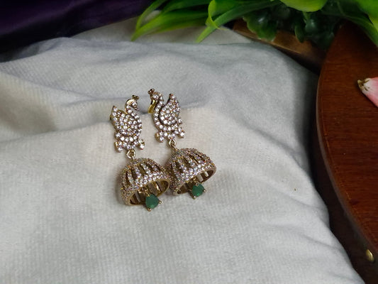 Gold Tone Annam AD Jhumka Earrings — Full CZ Studded Annam Top with Emerald Drop Jhumka