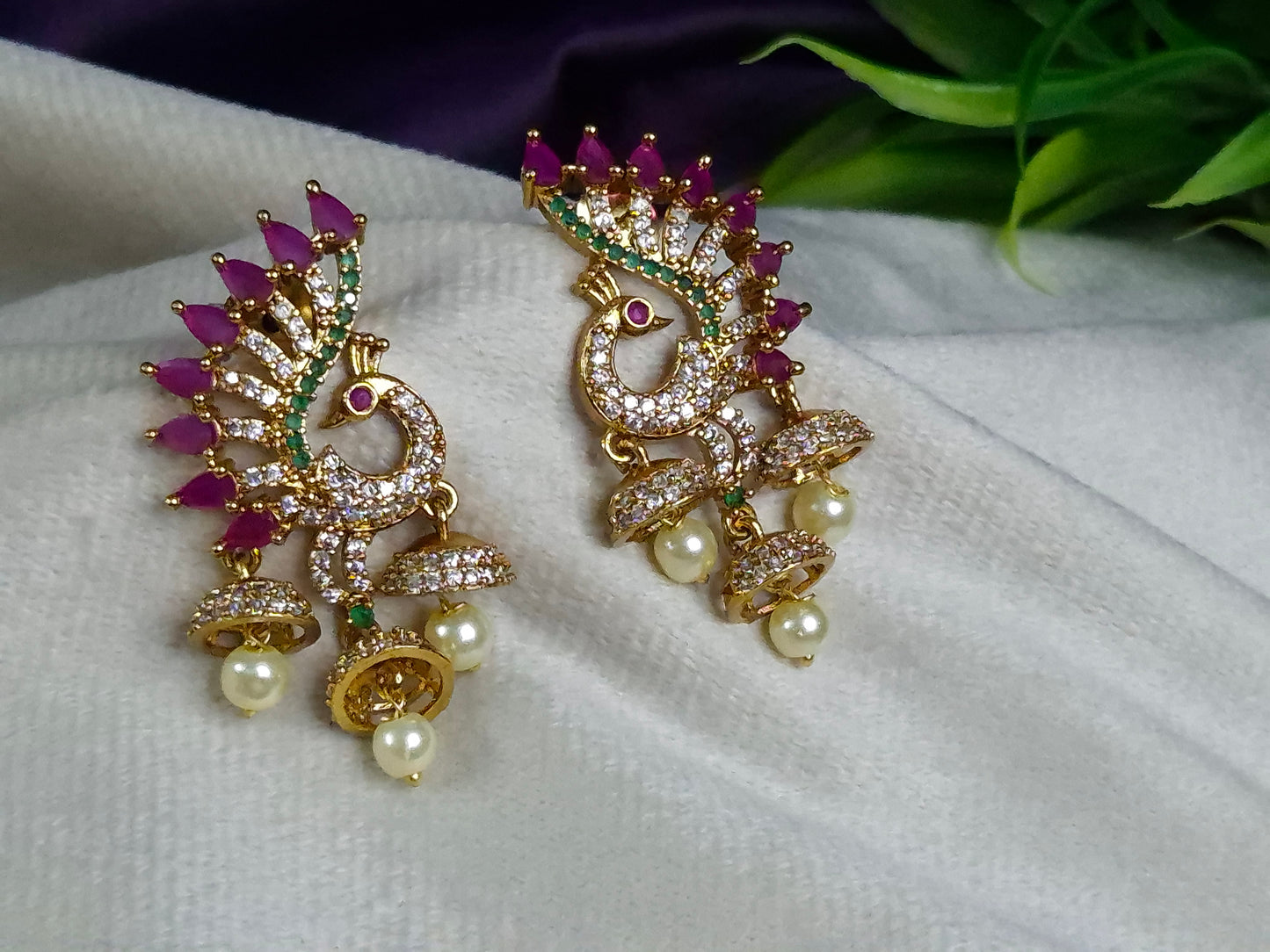 Gold Tone Peacock Earrings — Ruby, Emerald & AD Stone Mini Jhumka & Pearl Drops