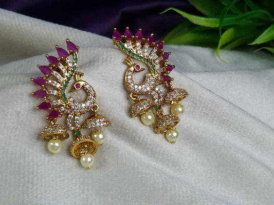 Gold Tone Peacock Earrings — Ruby, Emerald & AD Stone Mini Jhumka & Pearl Drops