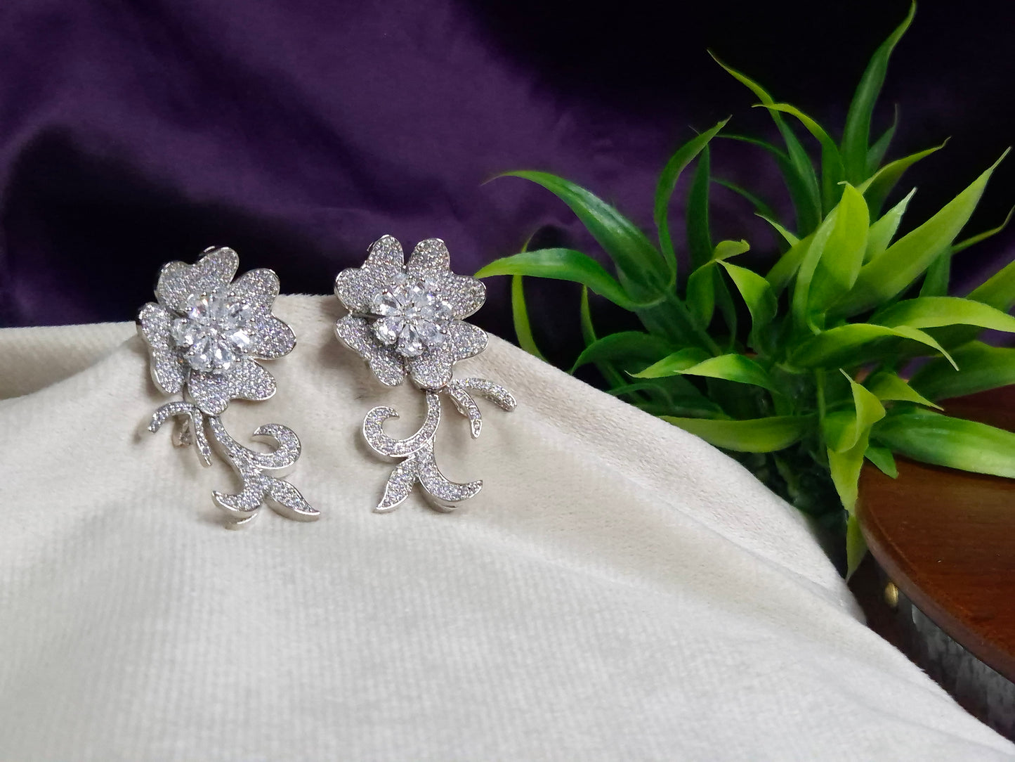 Silver CZ Floral Vine Earrings — Full Pave AD Stone Flower with Scrolling Tendril Drop