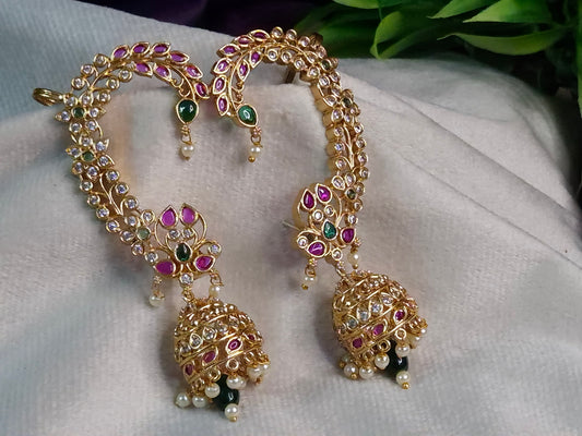 Antique Gold Bahubali Ear Cuff Jhumka Earrings — Ruby, Emerald & AD Stone Lotus Sweep with Grand Pearl Drop Jhumka