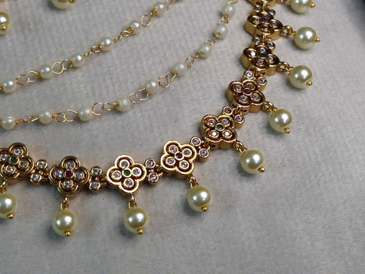 Gold Tone Kemp clove Ear Chain — 3-Layer Pearl Bead & AD Clove Link Earring Jacket Chain