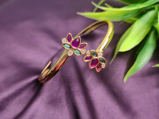 Gold Twin Lotus Open Kada Bangle with Ruby, Emerald & AD Stones