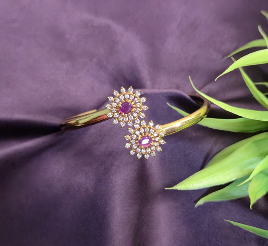 Gold Twin Sunflower Open Kada Bangle with Ruby & AD Stones