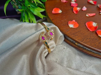 Gold Mango Design Open Kada Bangle with Ruby, Emerald & CZ Stones