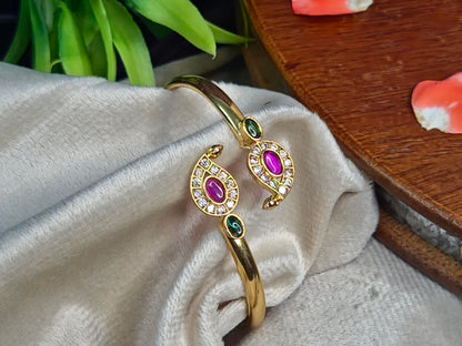 Gold Mango Design Open Kada Bangle with Ruby, Emerald & CZ Stones