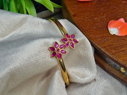 Gold Twin Flower Open Kada Bangle with Ruby Pink Stones