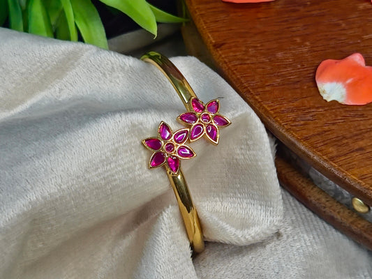 Gold Twin Flower Open Kada Bangle with Ruby Pink Stones