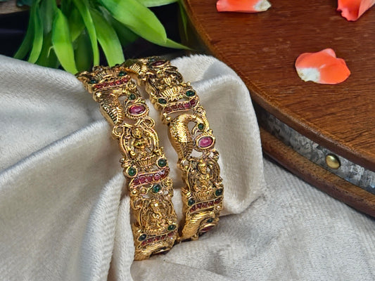 Antique Lakshmi & Peacock Temple Bangles with Ruby & Emerald Kemp Stones (Set of 2)