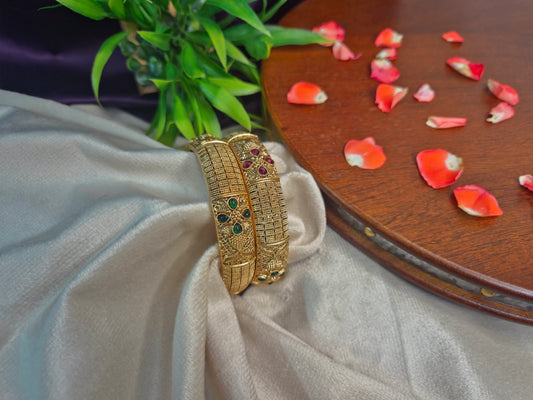 Antique Gold Broad Bangles with Ruby & Emerald Floral Kemp Stones (Set of 2)