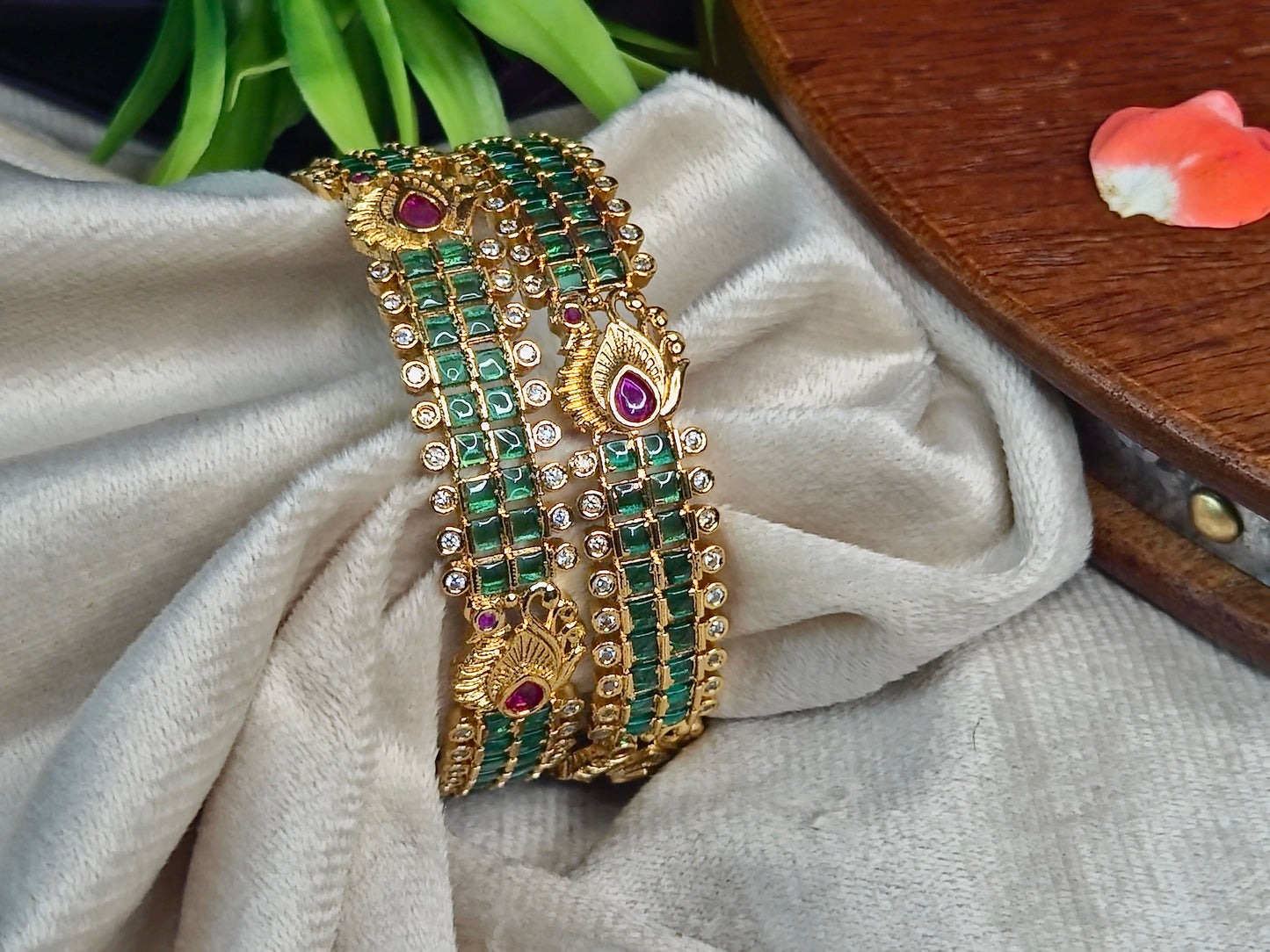 Antique Gold Peacock Broad Bangle with Emerald, Ruby & CZ Stones (Set of 2)
