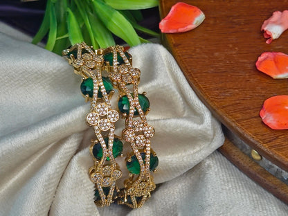 Gold CZ Floral & Emerald Green AD Stone Bangles (Set of 2)
