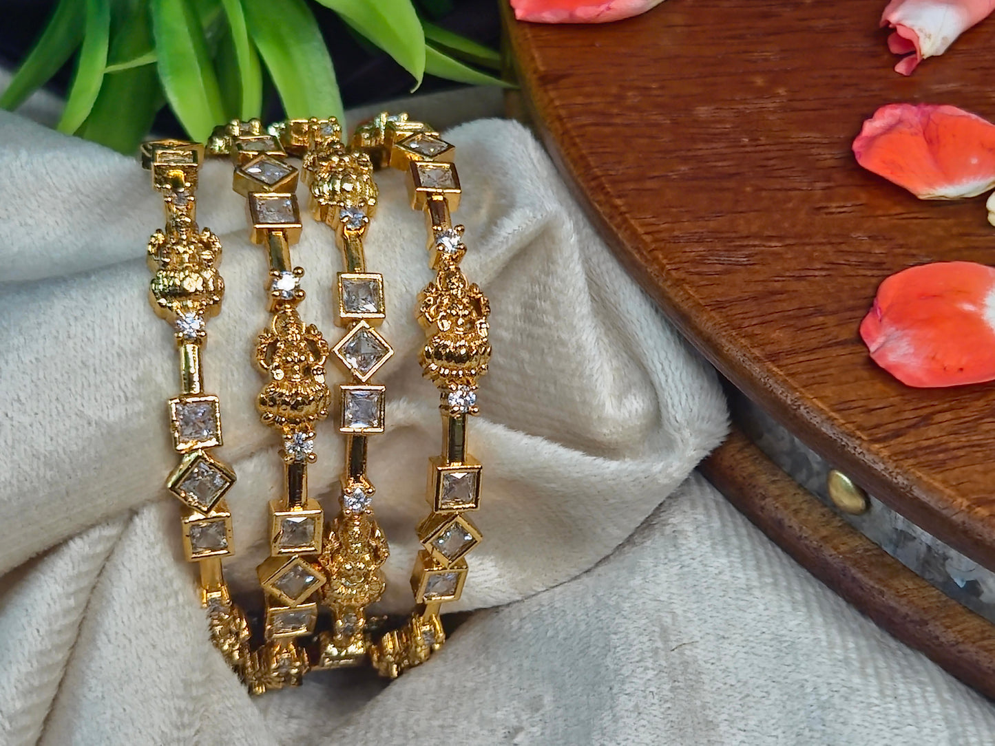 Antique Lakshmi CZ Square Stone Bangles (Set of 4)