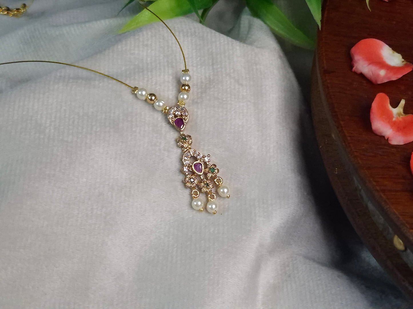 Floral Kundan Pearl Drop Pendant — Invisible Chain