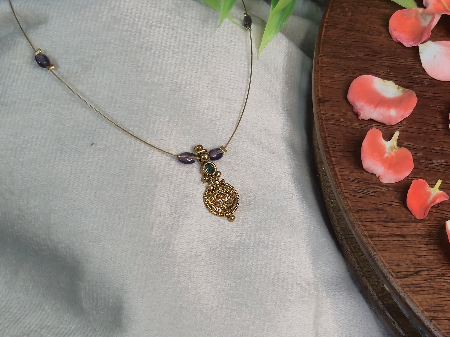 Antique Lakshmi Pendant — Purple Bead Invisible Chain