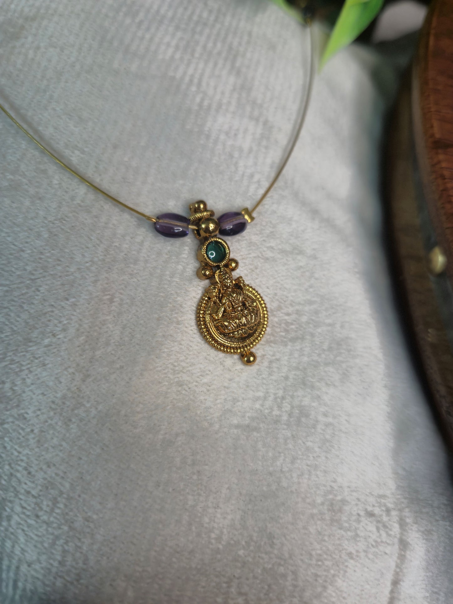 Antique Lakshmi Pendant — Purple Bead Invisible Chain