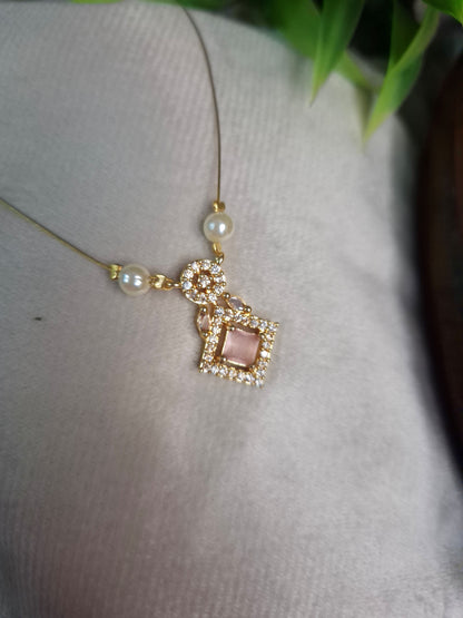Rose Square CZ Pendant — Pearl Invisible Chain