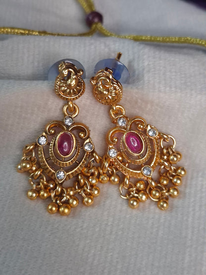 Antique Peacock and Floral Temple Necklace Set — Ruby & Emerald with Earrings