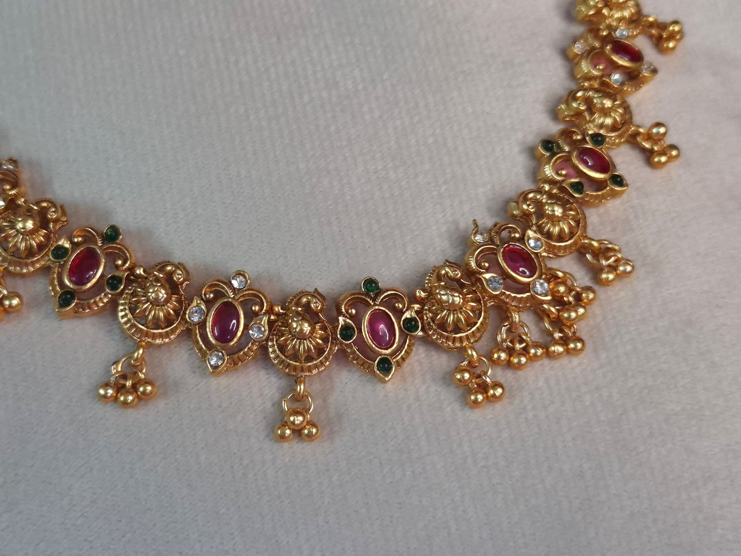 Antique Peacock and Floral Temple Necklace Set — Ruby & Emerald with Earrings