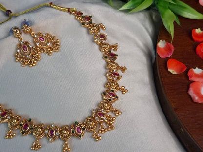 Antique Peacock and Floral Temple Necklace Set — Ruby & Emerald with Earrings