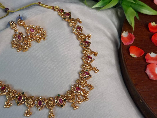 Antique Peacock and Floral Temple Necklace Set — Ruby & Emerald with Earrings