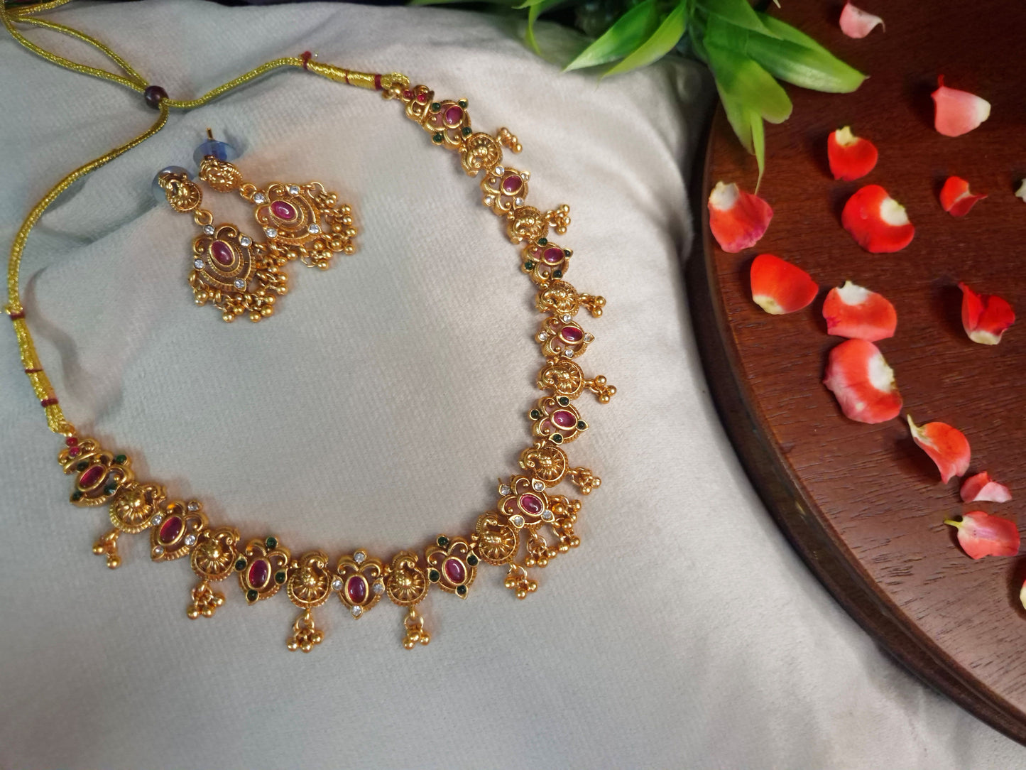 Antique Peacock and Floral Temple Necklace Set — Ruby & Emerald with Earrings