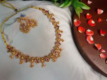 Antique Peacock and Floral Temple Necklace Set — Ruby & Emerald with Earrings