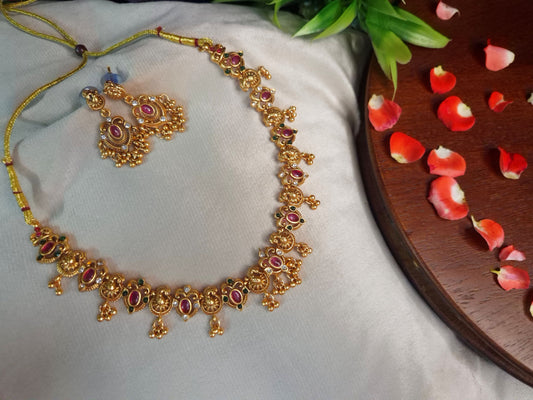 Antique Peacock and Floral Temple Necklace Set — Ruby & Emerald with Earrings