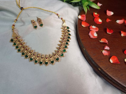 Premium Emerald Temple Necklace Set — Antique Gold with Earrings