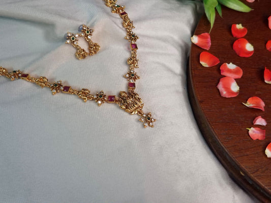 Antique Lakshmi Nakshi Long Necklace Set — Ruby & Emerald with Earrings