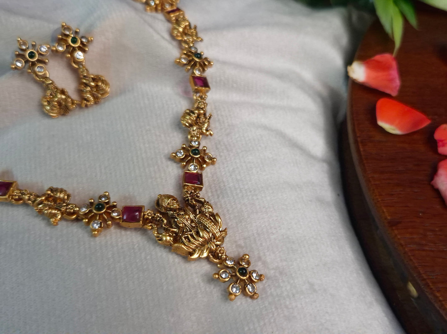 Antique Lakshmi Nakshi Long Necklace Set — Ruby & Emerald with Earrings